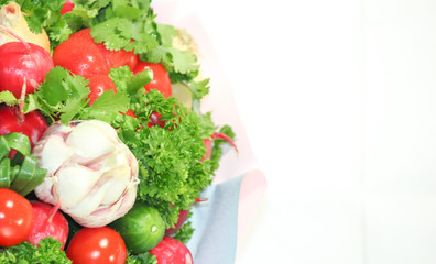 Food grown in a greenhouse garden. Seasonal vegetables.