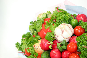 Food grown in a greenhouse garden. Seasonal vegetables.