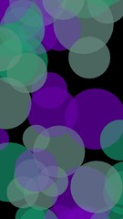 Multicolored translucent circles on a dark background. Green tones. 3D illustration