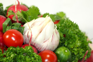 Food grown in a greenhouse garden. Seasonal vegetables.