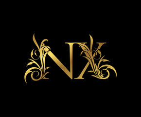 Luxury Gold N, X and NX Letter Classy Floral Logo Icon. Vintage drawn emblem for book design, weeding card, letter stamp, Restaurant, Boutique, Hotel.
