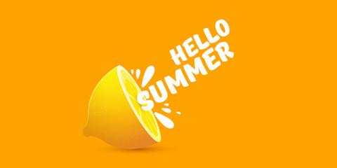 Vector Hello Summer Beach Party horizontal banner Design template with fresh lemon isolated on orange background. Hello summer concept label or poster with orange fruit and typographic text.