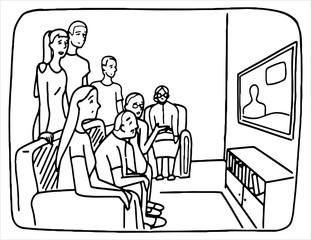 Hand drawn vector illustration. Big family, roommates watch TV at home. Young and old, women and men follow the news together. Black outline drawing isolated on white. Doodle, flat, simple style.