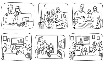 Set of hand drawn vector illustrations. Families and roommates watching TV or sit at the computer. Collection of simple doodles of people watching the news at home. Outline drawing isolated on white.