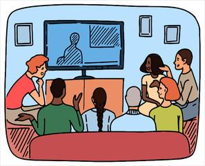 Hand drawn vector illustration. Large group of young people, friends, relatives, roommates watch TV and discuss the news at home. Colored cartoon drawing isolated on white. Doodle, flat, simple style.