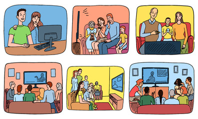 Fototapeta na wymiar Set of hand drawn vector illustrations. Families and roommates watching TV or sit at the computer. Collection of simple doodles of people watching the news at home. Colored drawing isolated on white.