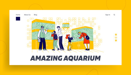 Obraz na płótnie Canvas Characters Watching Fishes Swimming in Aquariums in Pet Shop Landing Page Template. Parents Buy Fish for Children. Salesman Explain Customers of Fish Care Zoo Market. Linear Vector People Illustration