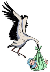 Flying stork with a baby. Sketch of crane with newborn child. Hand drawn vector illustration in vintage style isolated on white. Cute illustration for postcards, decor, design, prints, posters, banner