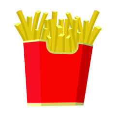 French fries potatoes in red paper box. Vector illustration.