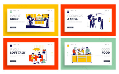 Culinary Program, Show or Blog Broadcasting Landing Page Template Set. Man in Chef Uniform Cooking Dish on Kitchen, Television Crew Characters Record Video on Camera. Linear Vector People Illustration