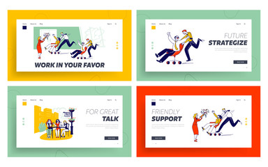 Obraz na płótnie Canvas Corporate Activity, Employees Competition, Annoying Talk Landing Page Template. Happy Colleagues Characters Fun at Workplace, Office Chair Races Girl Friends Meeting. Linear Vector People Illustration