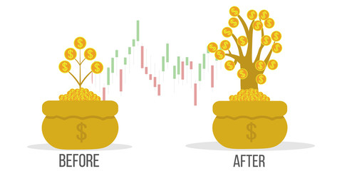 Money tree like concept investments online performance. Bag with coins and small sprout. Successful attachment in campaign. Cute illustration in flat style