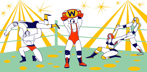Male and Female Characters Fighting on Wrestling Competition. Men and Women Athletes Performing Sports Show on Arena. Winner Demonstrate Belt Holding above Head. Linear Vector People Illustration