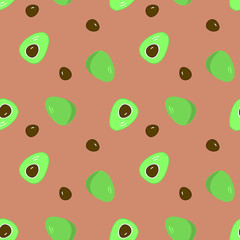 Seamless pattern of avocados, avocado halves and seeds, hand-drawn. For the design of fabrics, textiles, packaging, paper, notebooks, websites, decoration of catering establishments and shops