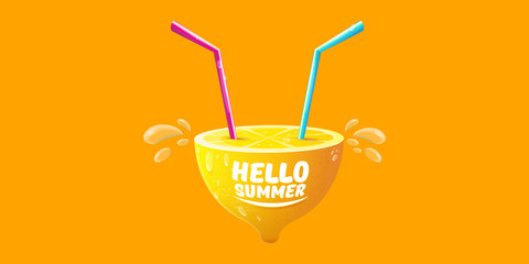 Vector Hello Summer Beach Party horizontal banner Design template with fresh lemon isolated on orange background. Hello summer concept label or poster with orange fruit and typographic text.