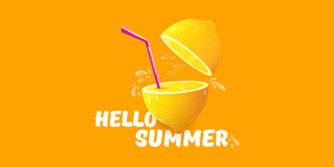 Vector Hello Summer Beach Party horizontal banner Design template with fresh lemon isolated on orange background. Hello summer concept label or poster with orange fruit and typographic text.