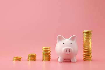 Piggy bank and golden stack coins of growing graph on pink background with saving money concept....