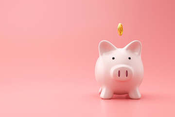 Piggy bank and golden coin on pink background with saving money concept. Financial planning for the future. 3D rendering. - obrazy, fototapety, plakaty