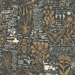 Vector seamless pattern with insects and medicinal herbs in retro style. Hand-drawn herbs, beetles, butterflies and unreadable scribbles on the black background. Wallpaper, wrapping paper, fabric