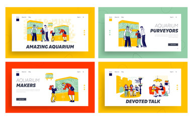 Obraz na płótnie Canvas Characters in Pet Shop Watching Fish in Aquarium, Girlfriends Meeting Landing Page Template Set. Parents Buy Fish for Children in Zoo Market. Annoying Talk in Cafe. Linear Vector People Illustration