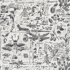Fototapeta premium Vector seamless pattern with insects and herbs in retro style. Abstract black and white background with illegible scribbles and sketches on an old newspaper backdrop. Wallpaper, wrapping paper, fabric