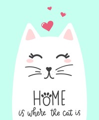 Cute kitty with hearts decorations and lettering vector illustration. Domestic animal with handwritten text flat style. Inspiration concept. Isolated on blue background