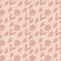 Neutral colors folk floral seamless pattern. Hand drawing vector illustration. Boho flowers and leaves doodles.