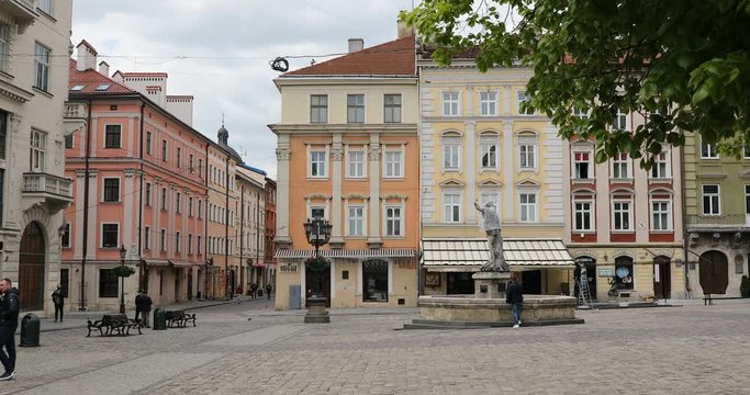 Lviv, Ukraine, 8 may, 2020. Lviv city central square during national quarantine of coronavirus. 4k ultra hd, 4k DCI.