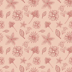 Neutral colors folk floral seamless pattern. Hand drawing vector illustration. Boho flowers and leaves doodles.