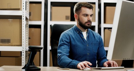 Postal office worker using computer, delivery, mail service.