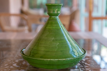 Green, traditional Moroccan ceramic tagine (tajine). Authentic, traditional expensive, high quality...