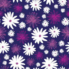 Fototapeta na wymiar Daisy meadow spring floral blooms. Vector repeat. Great for home decor, wrapping, scrapbooking, wallpaper, gift, kids, apparel. 