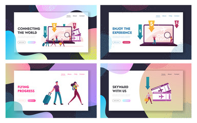 Lowcoster, Cheap Flight and Saving Vacation Budget Landing Page Template Set. Tiny Characters People Buying Airplane Tickets Online Save Money for Holidays and Traveling. Cartoon Vector Illustration