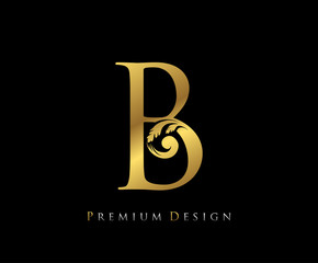 Gold Elegant letter B. Graceful Royal style. Calligraphic beautiful logo. Vintage drawn emblem for book design, wedding logo, letter stamp, Restaurant, Boutique, Hotel.