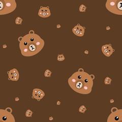 Obraz premium cute brown bear seamless pattern on dark brown background for background or textiles prints. flat design vector.