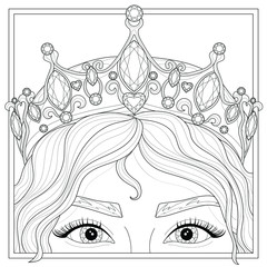Girl in the crown. Princess.Coloring book antistress for children and adults. Illustration isolated on white background.Zen-tangle style.Black and white drawing