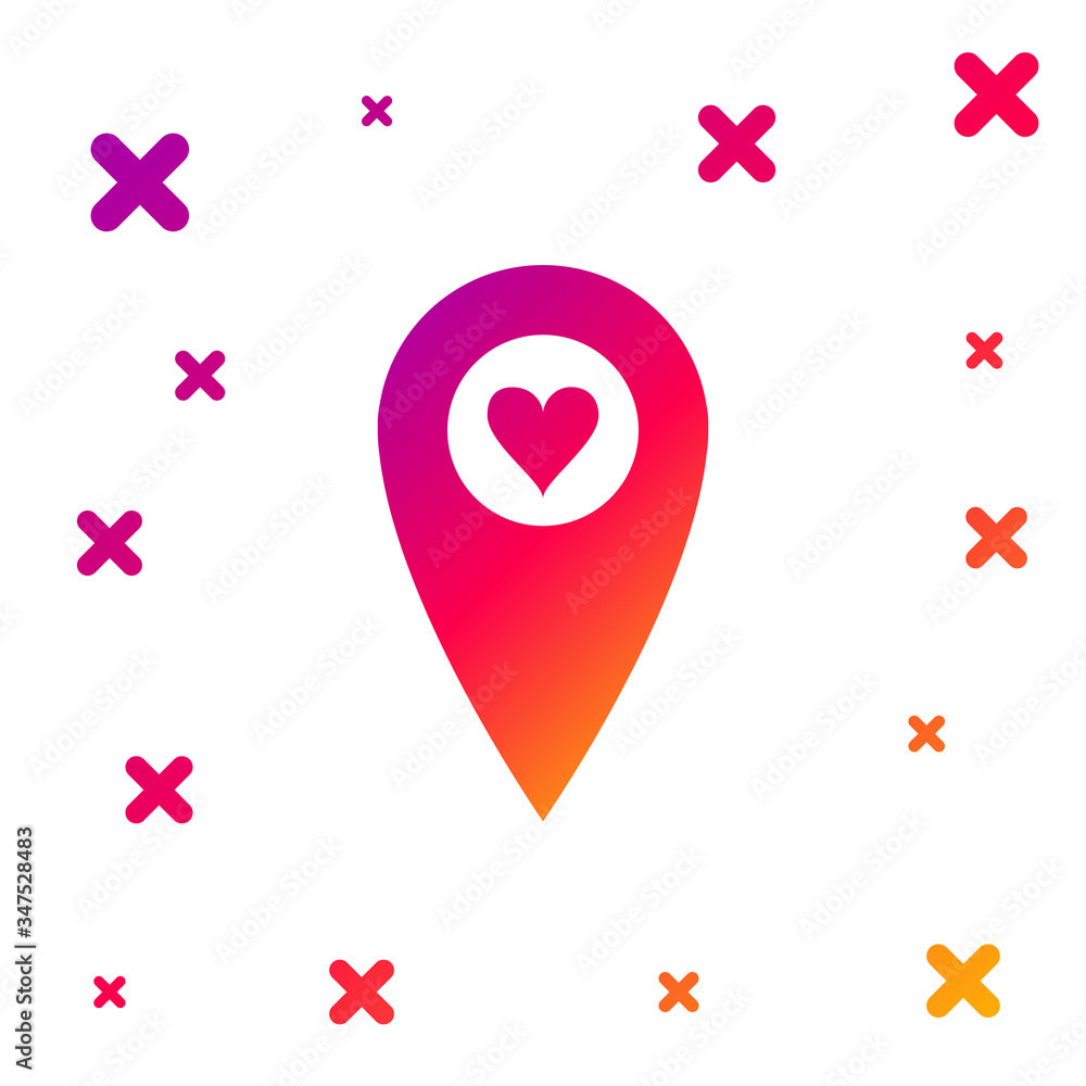 Poster color map pointer with heart icon isolated on white background. valentines day. love location. roman