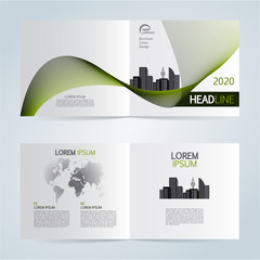Set of vector template bi fold brochure with city in green color