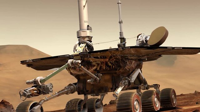 Animation of Mars Exploring Rover surrounded by Red sands and rocks of the Planet Mars Surface. Contains public domain elements by NASA