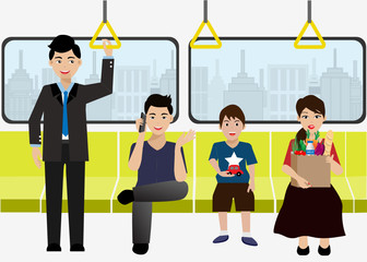 Happy passengers in sky railway/ train. Vector Illustration. Idea for public mass transportation.