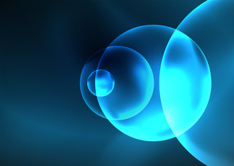 Glowing neon shiny transparent bubbles, glass circles or bio cell concept. Techno futuristic vector abstract background For Wallpaper, Banner, Background, Card, Book Illustration, landing page
