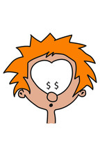 comic character with orange hair and dollar sign in the eyes