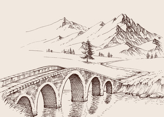 Stone bridge over river in the mountains. Alpine hand drawn landscape