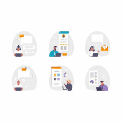 Vector illustration, customer service, male hotline operator advises client, online global technical support, customer and operator