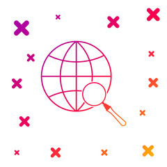 Color Magnifying glass with globe icon isolated on white background. Analyzing the world. Global search sign. Gradient random dynamic shapes. Vector Illustration