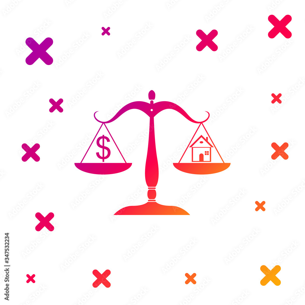 Poster color house and dollar symbol on scales icon isolated on white background. gradient random dynamic s