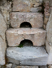 Detail of stairs with drein holes in the Roman Theatre of Plovdiv. 1st century AD. Bulgaria.