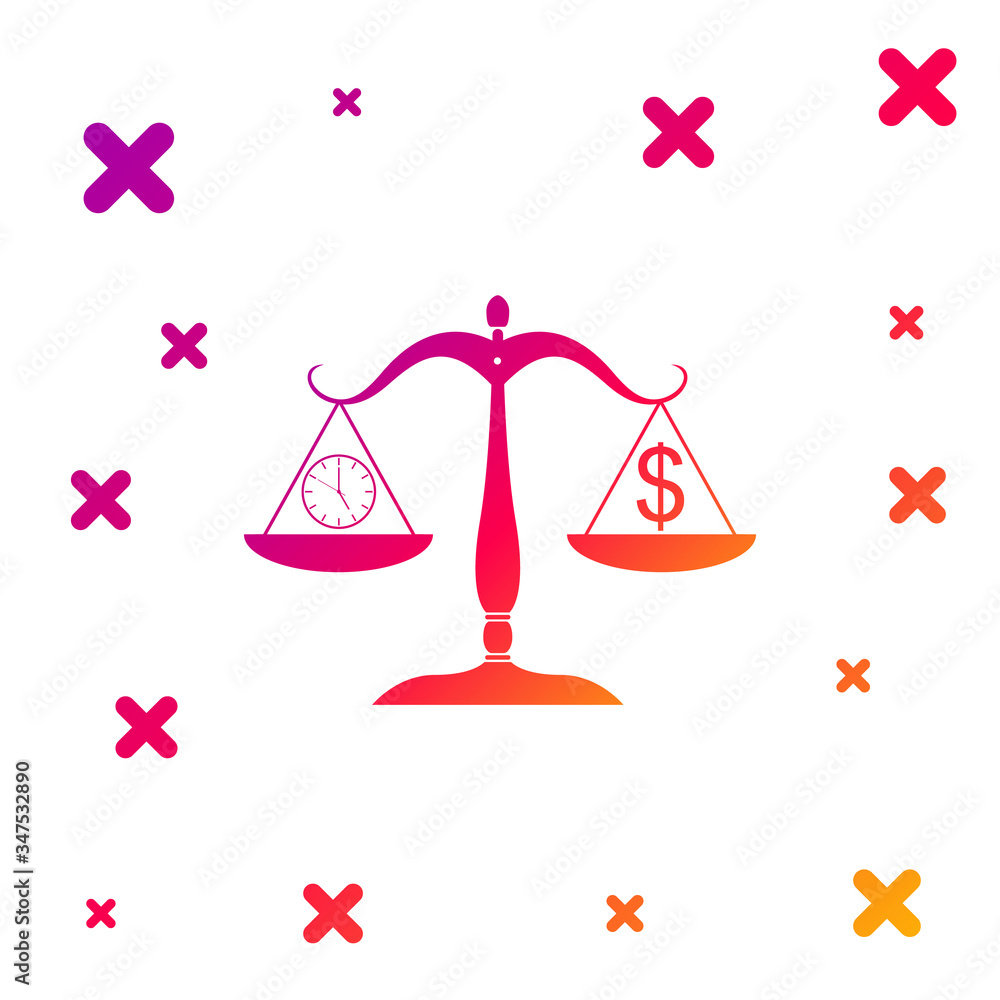 Poster color scale weighing money and time icon isolated on white background. scales with hours and a coin.