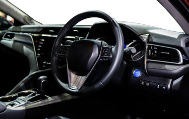 Obraz na płótnie Canvas interior luxury of modern car with Black leather steering wheel