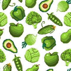 Seamless pattern with green vegetables pixel art